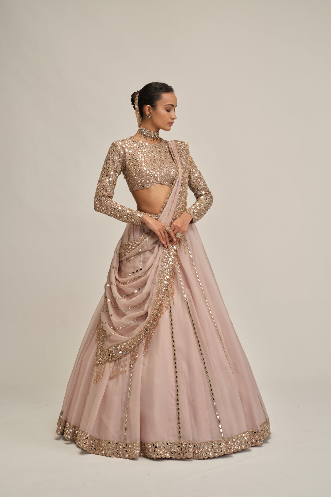 Ash Pink Full Sleeve Lehenga Set