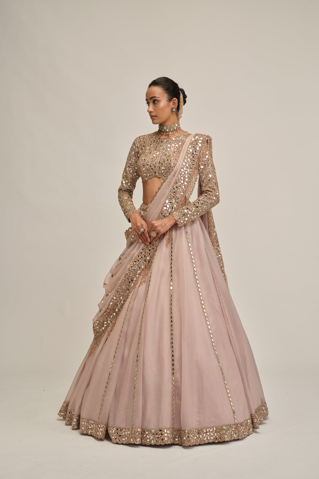 Ash Pink Full Sleeve Lehenga Set