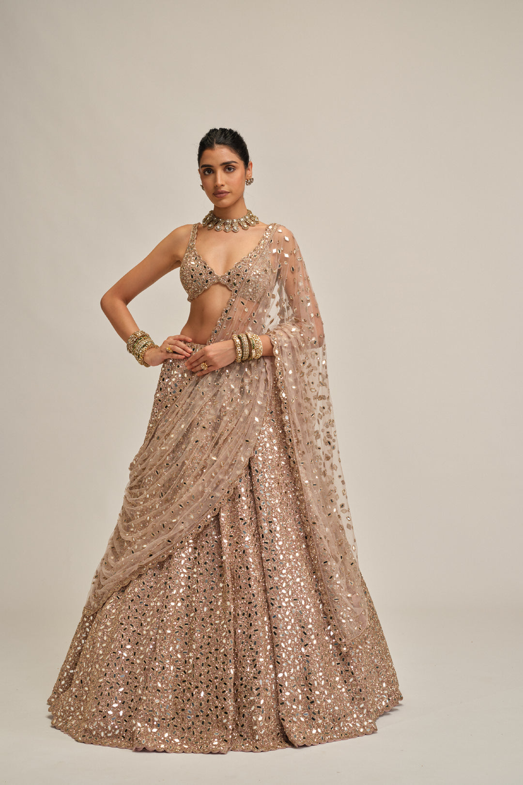 Ash Pink Mirror Embroidered Lehenga Set