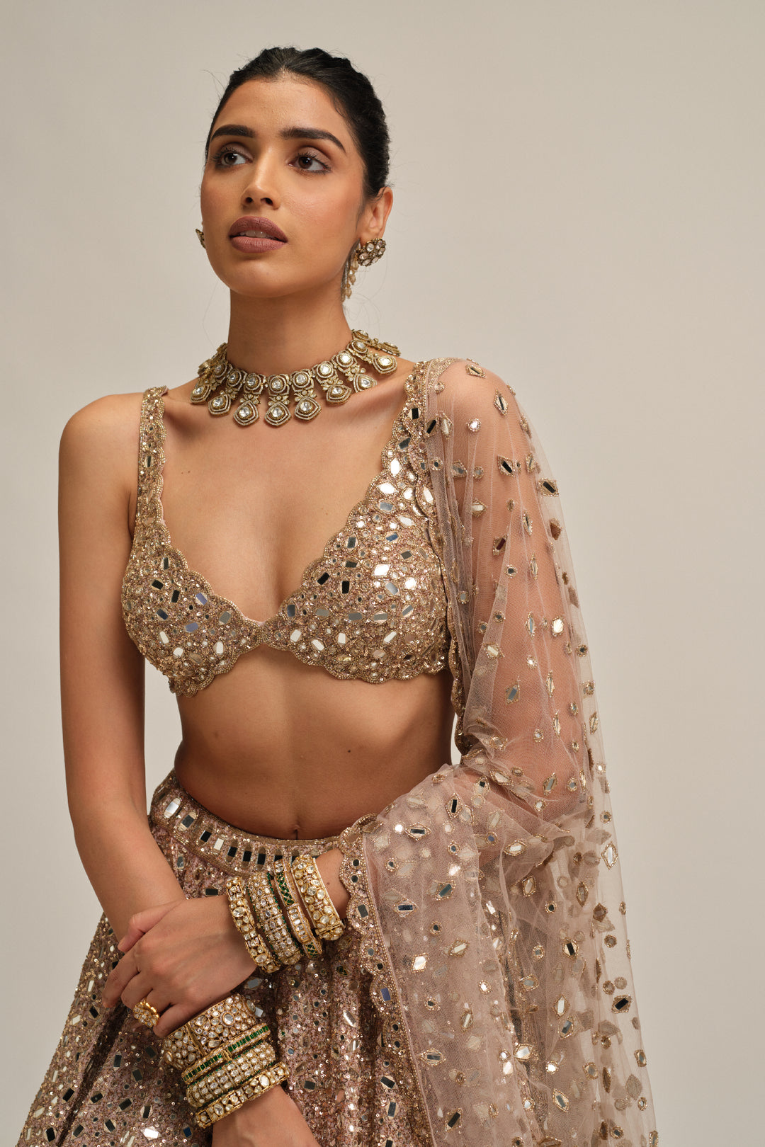 Ash Pink Mirror Embroidered Lehenga Set