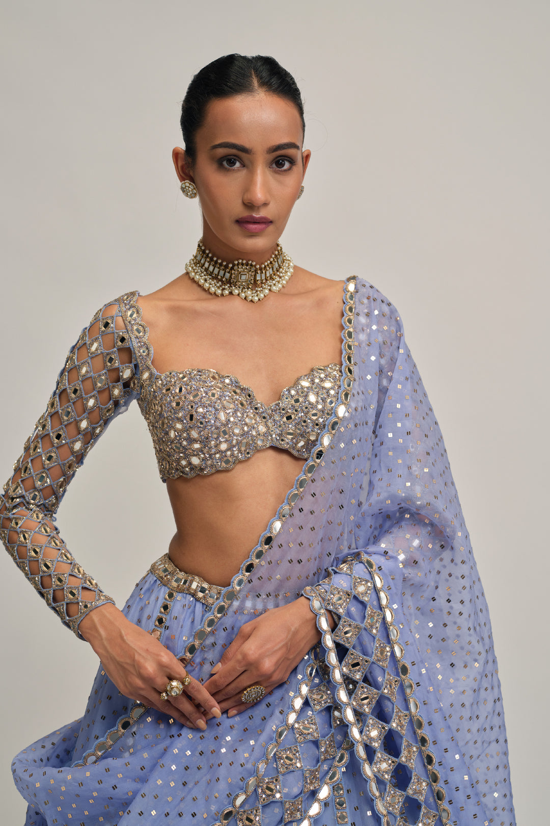 Dew Blue Cutwork Sleeve Lehenga Set