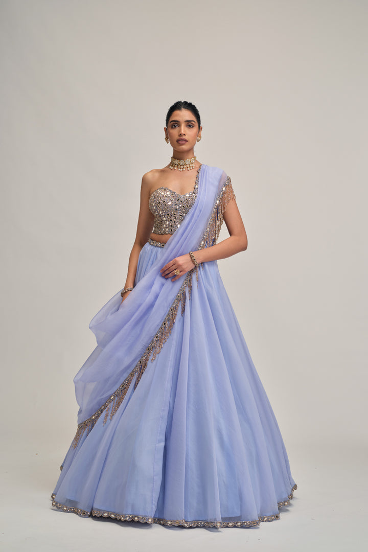 Dew Blue Organza Lehenga Set