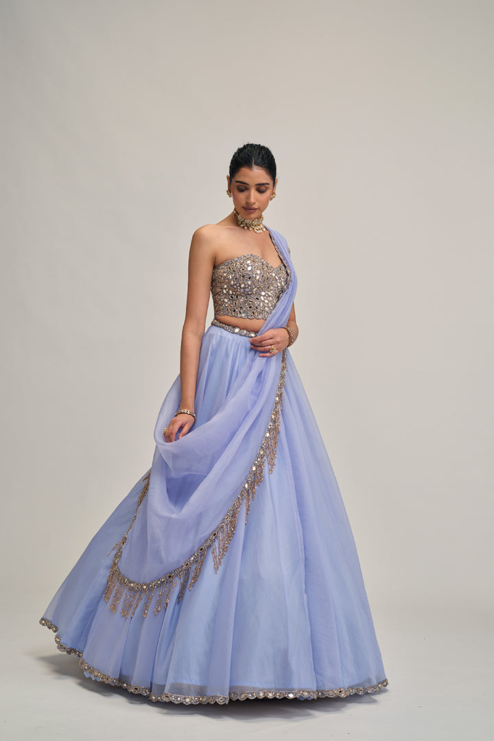 Dew Blue Organza Lehenga Set