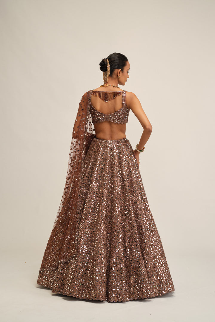 Deep Beige Mirror Embroidered Lehenga Set