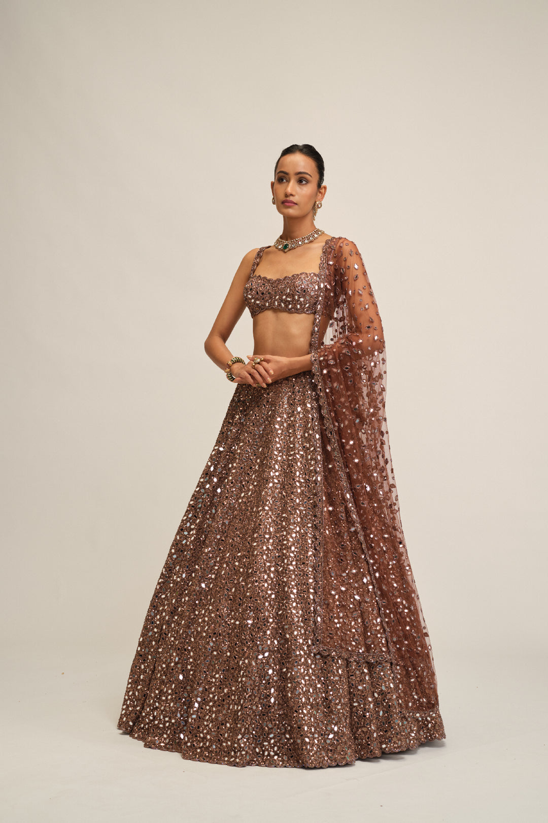 Deep Beige Mirror Embroidered Lehenga Set