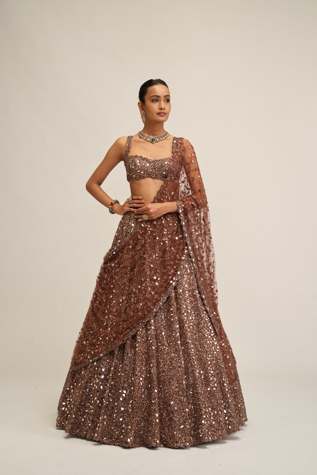 Deep Beige Mirror Embroidered Lehenga Set