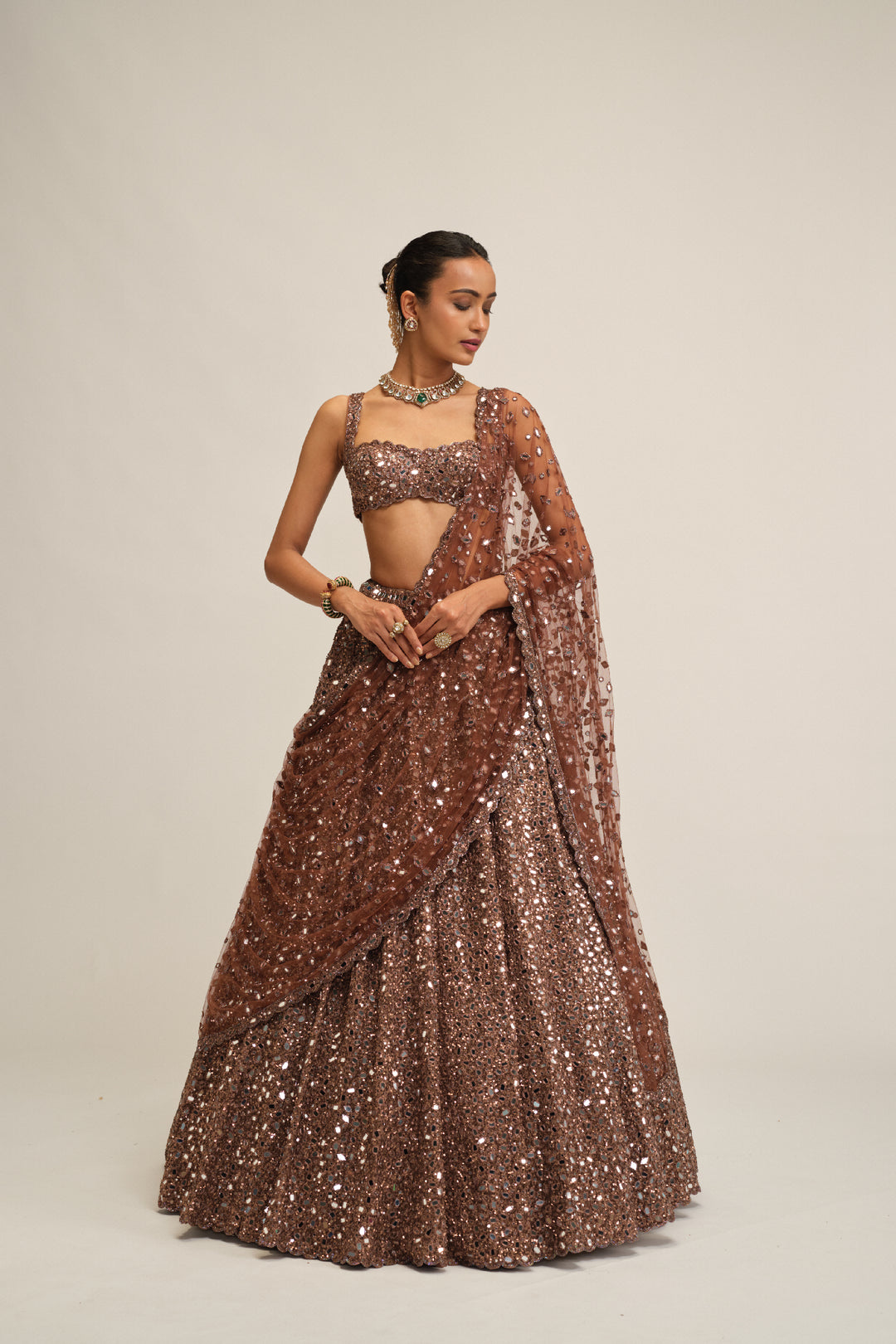 Deep Beige Mirror Embroidered Lehenga Set