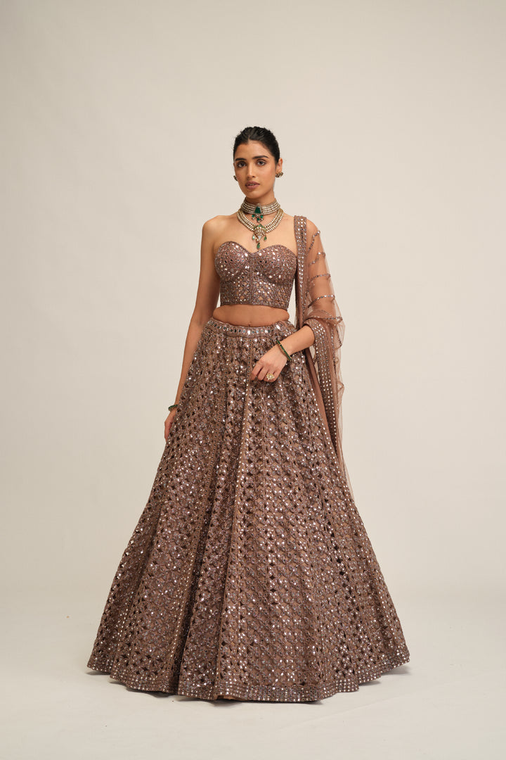 Deep Beige Flower Cutwork Lehenga Set
