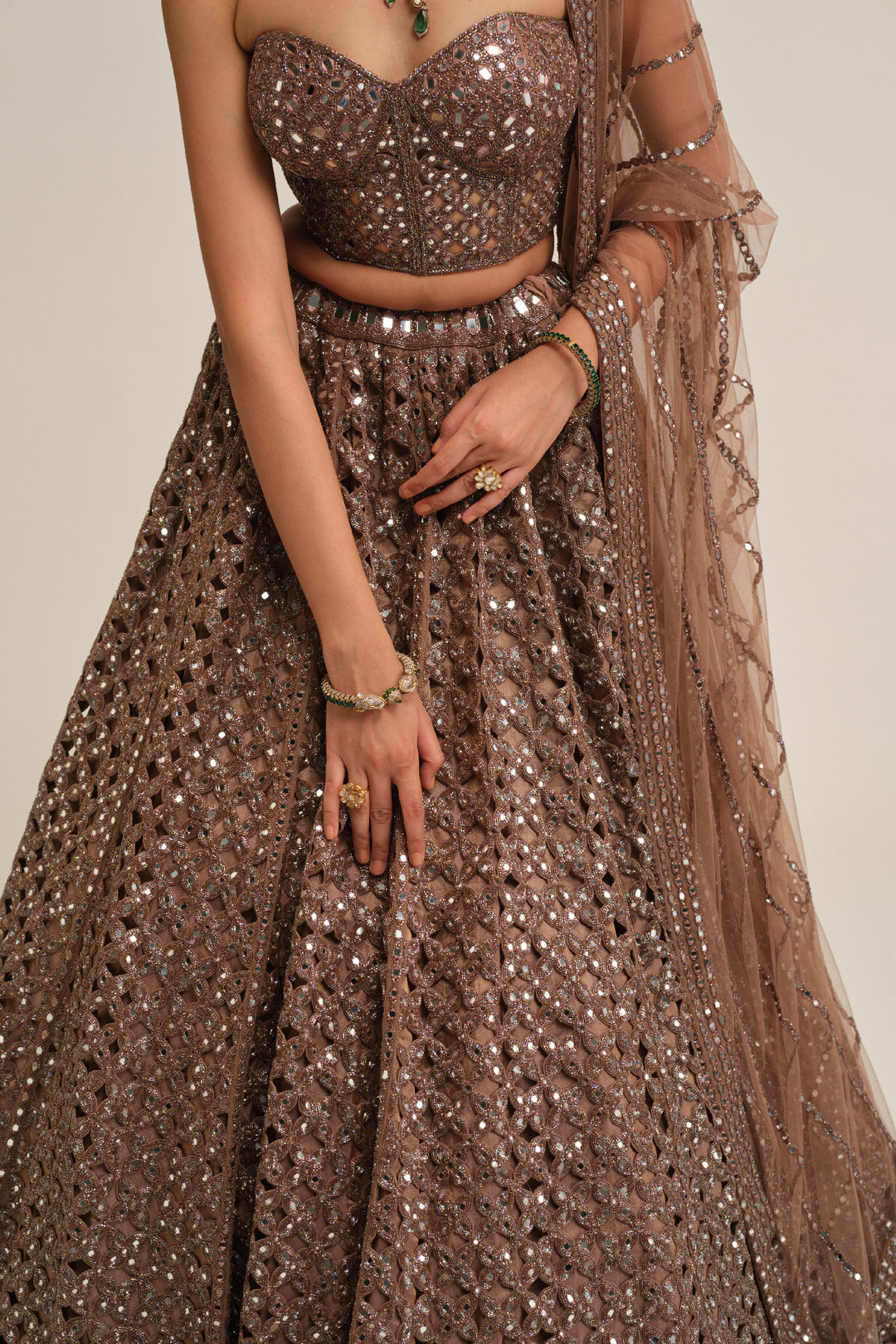 Deep Beige Flower Cutwork Lehenga Set