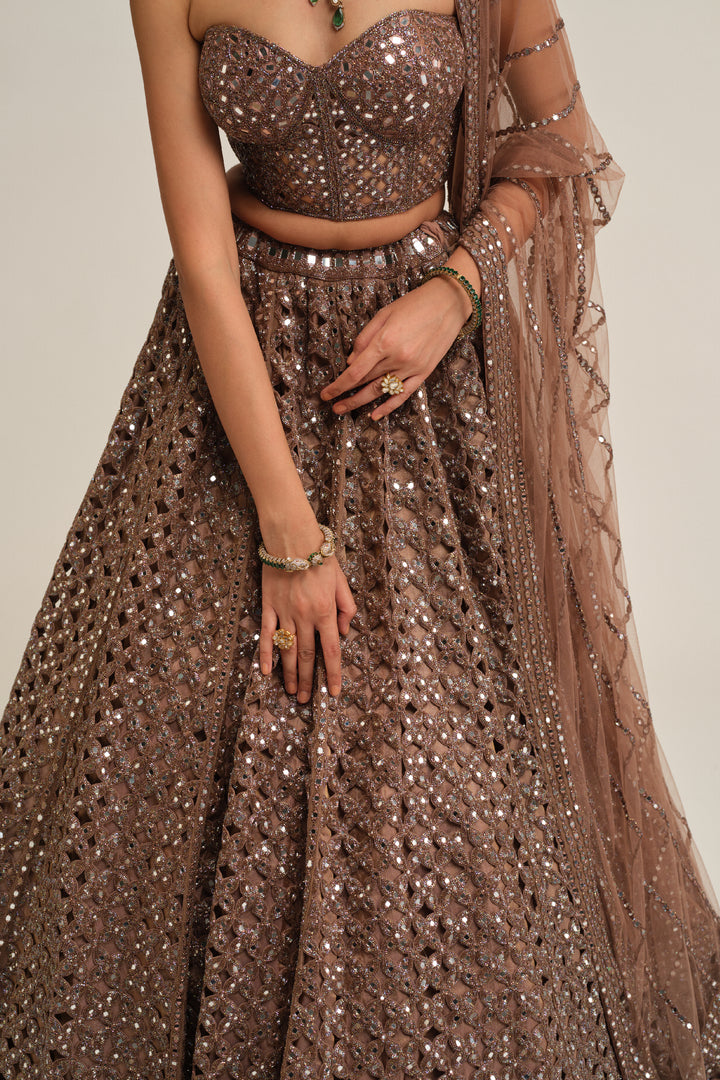 Deep Beige Flower Cutwork Lehenga Set