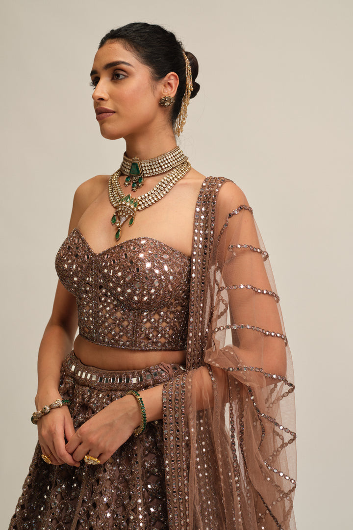 Deep Beige Flower Cutwork Lehenga Set