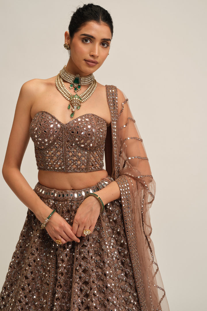 Deep Beige Flower Cutwork Lehenga Set