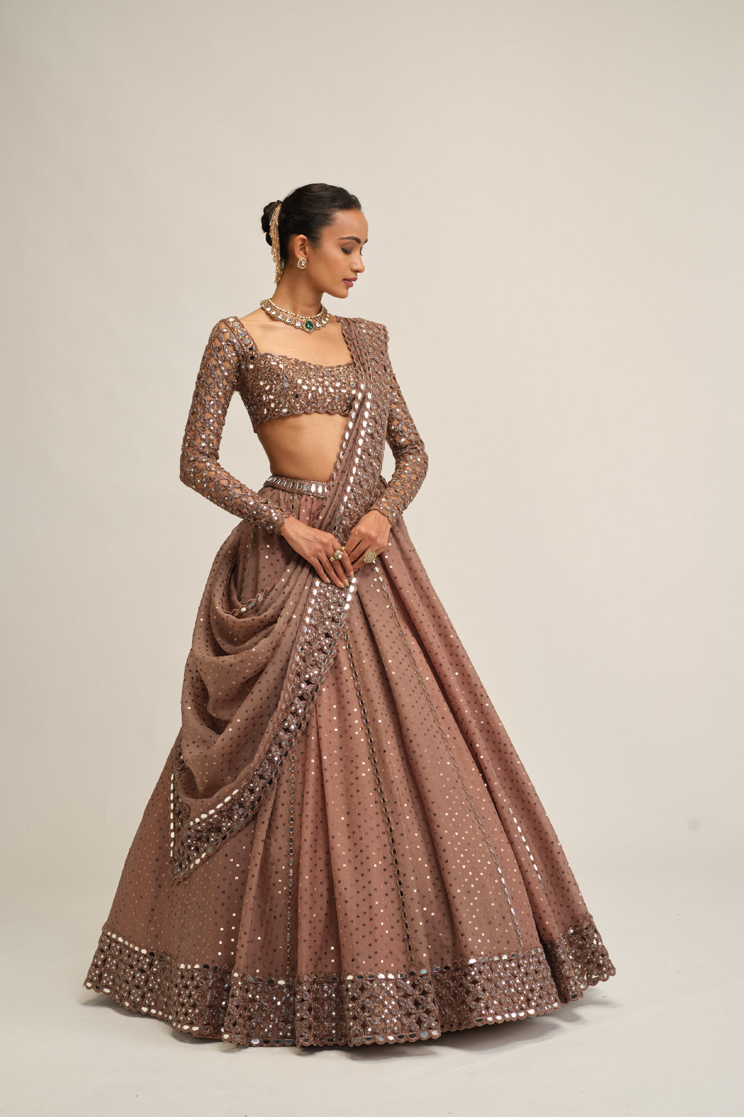 Deep Beige Sequins Embroidered Lehenga Set