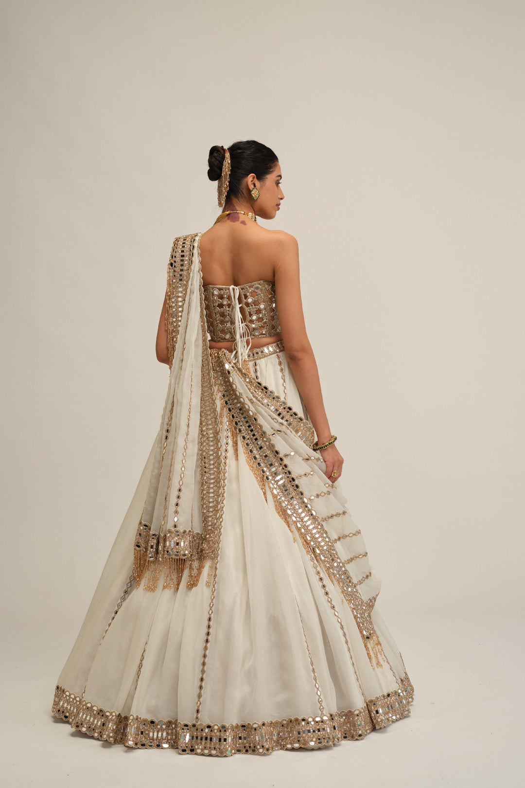 Off White Linear Lehenga With Corset Set