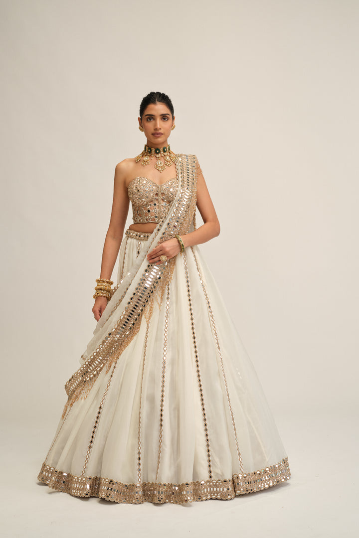 Off White Linear Lehenga With Corset Set