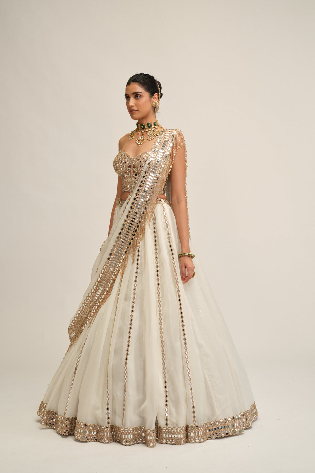 Off White Linear Lehenga With Corset Set