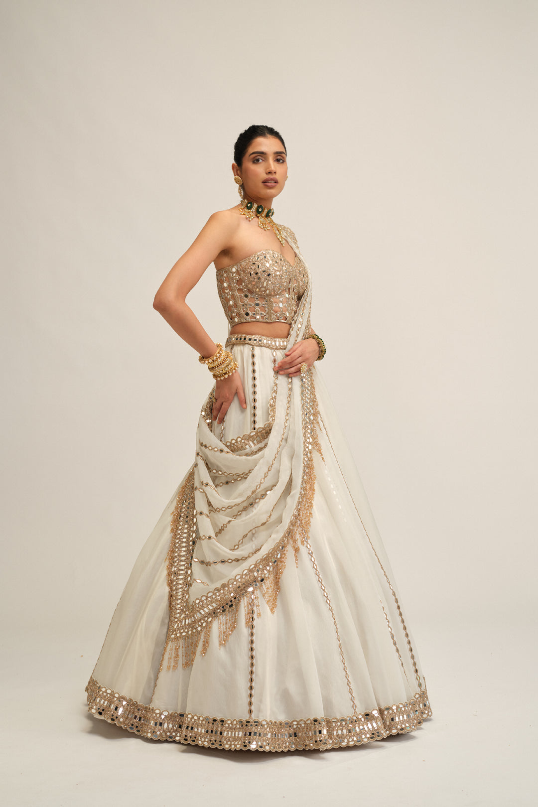 Off White Linear Lehenga With Corset Set