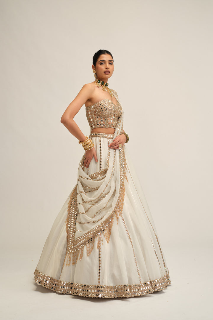 Off White Linear Lehenga With Corset Set
