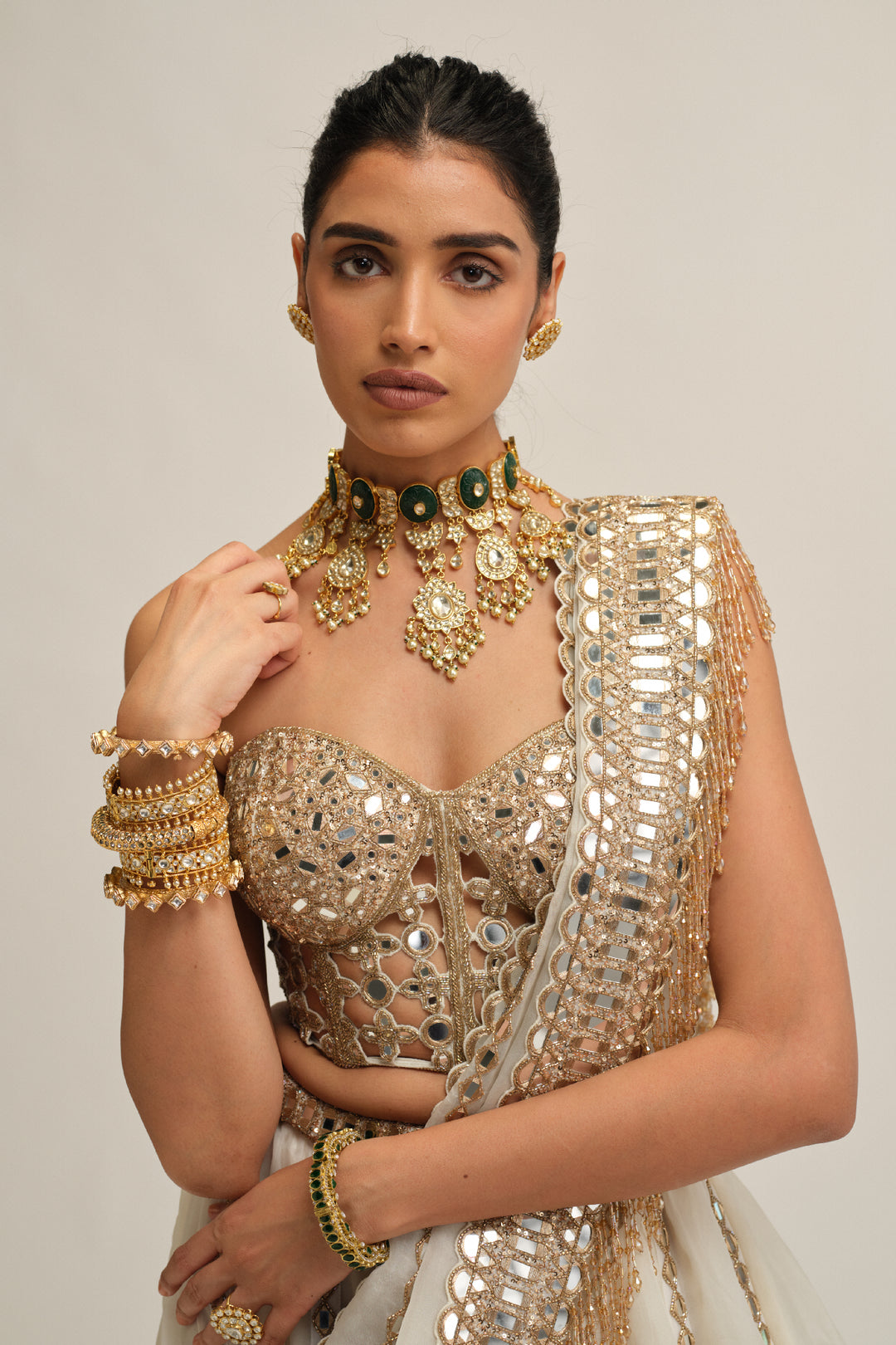 Off White Linear Lehenga With Corset Set