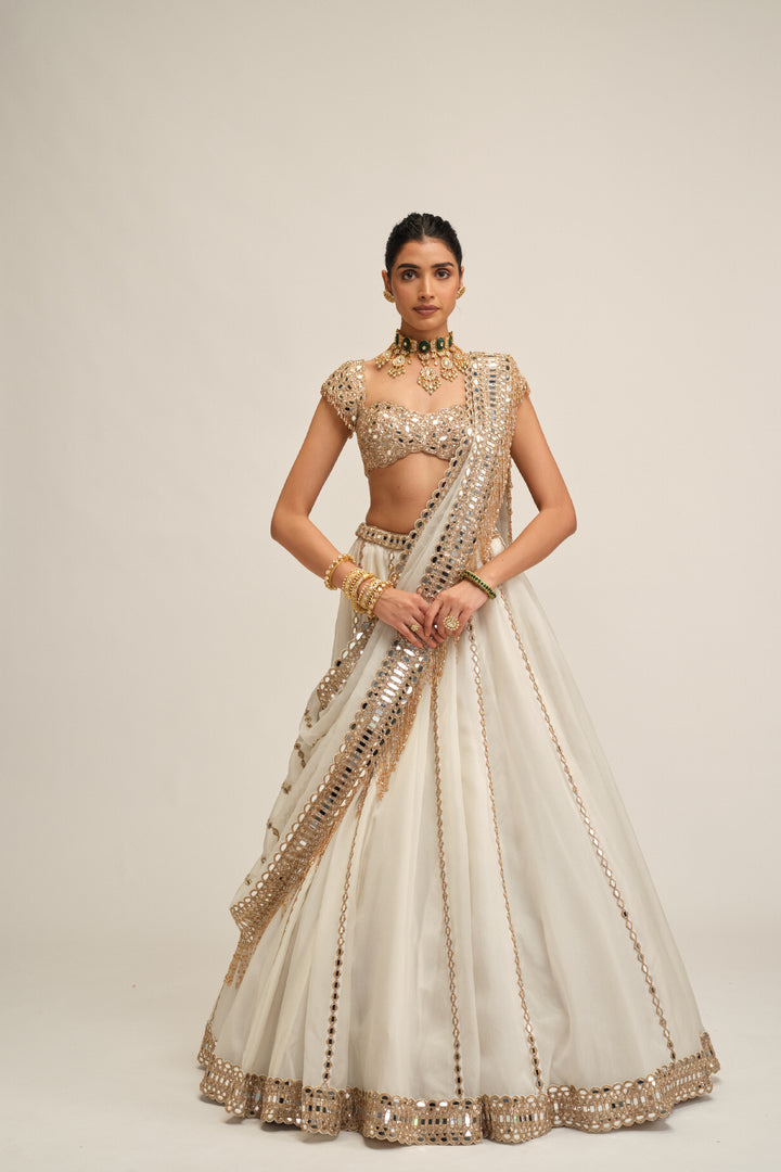 Off White Linear Lehenga Set
