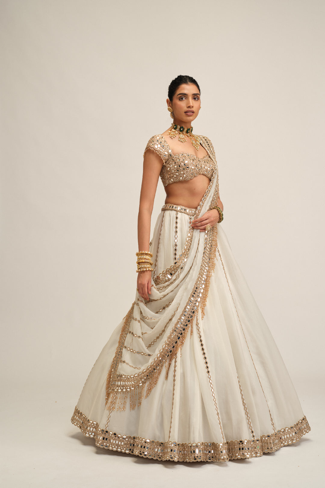 Off White Linear Lehenga Set