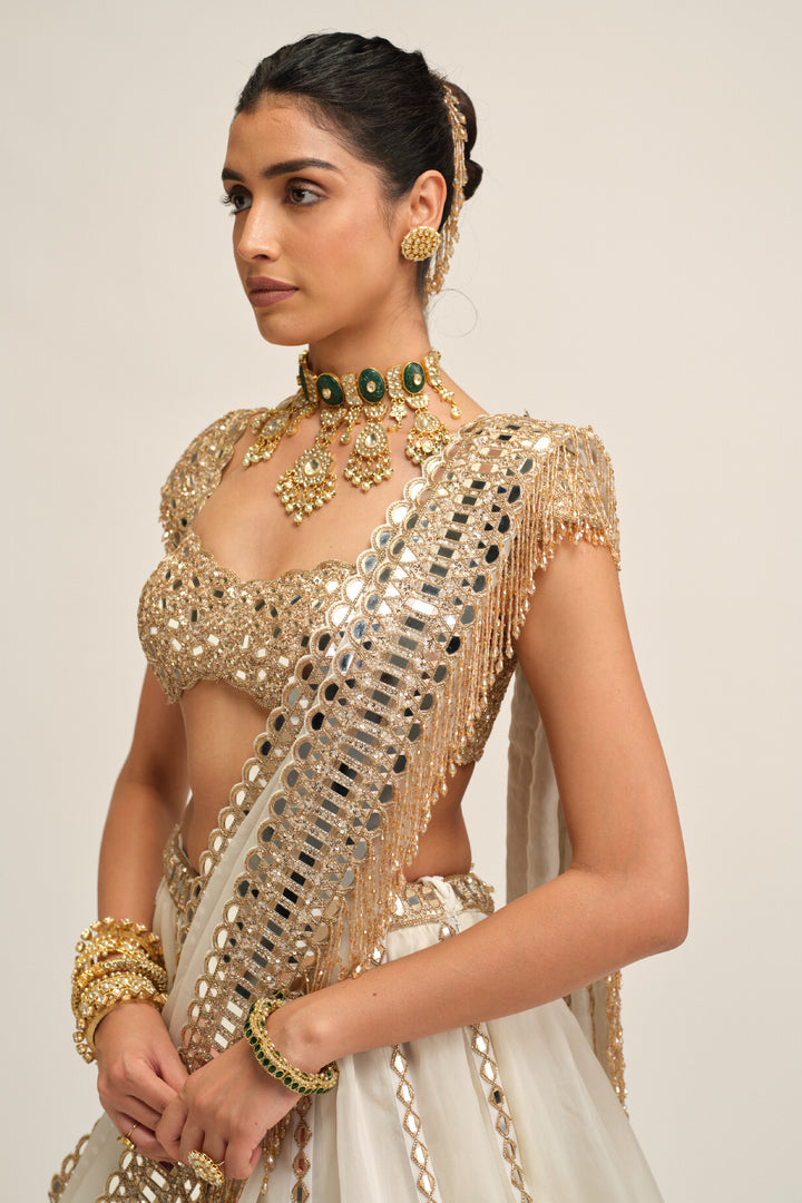 Off White Linear Lehenga Set