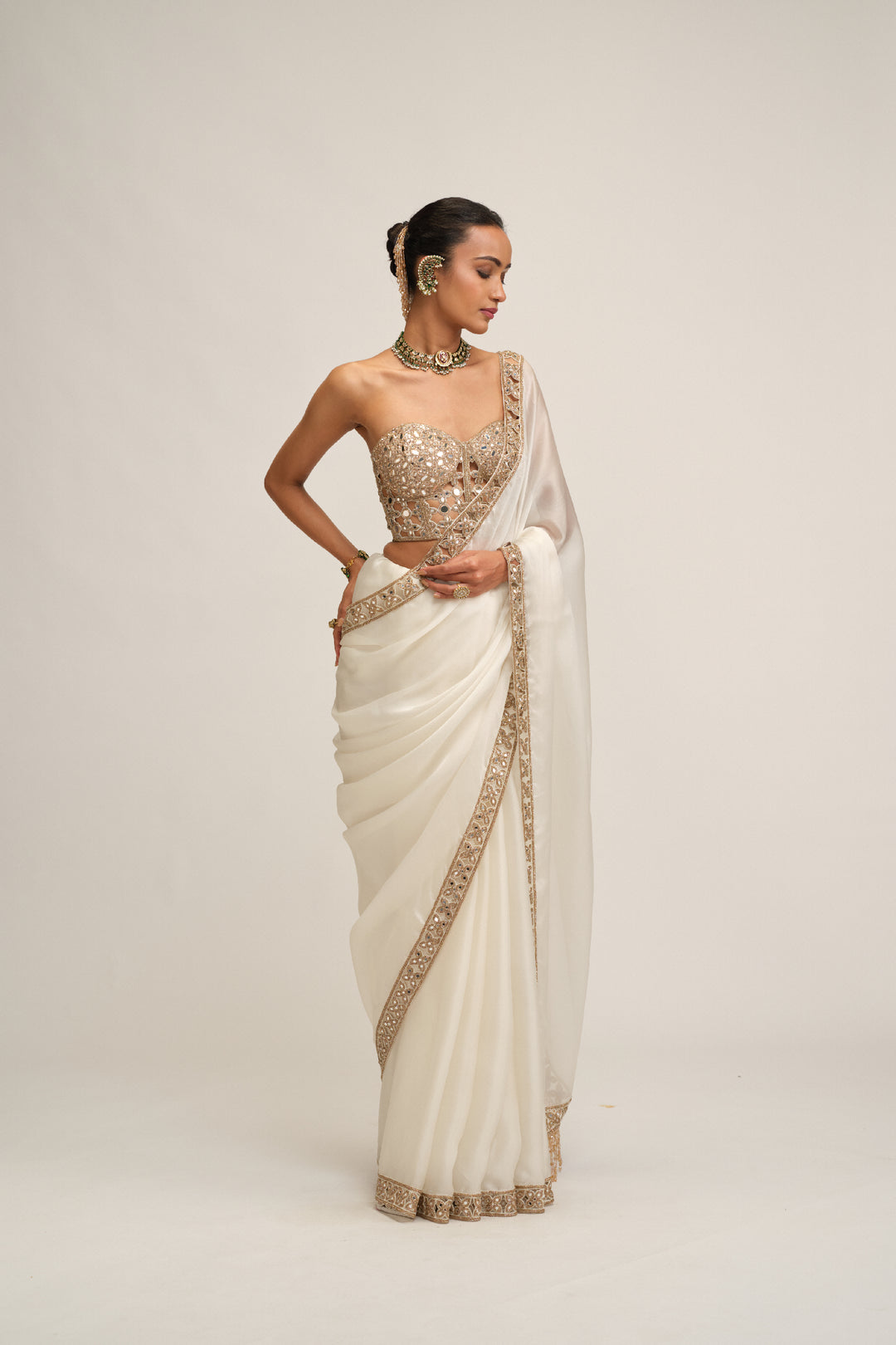 Off White Satin Organza Cutwork Border Saree Set