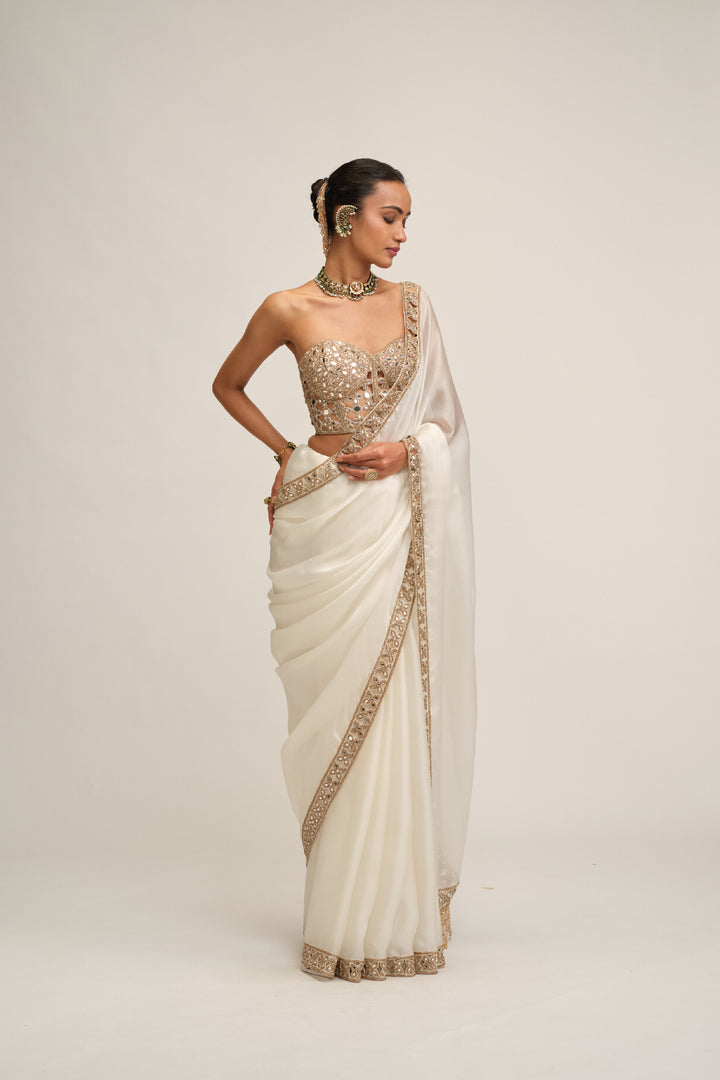 Off White Satin Organza Cutwork Border Saree Set