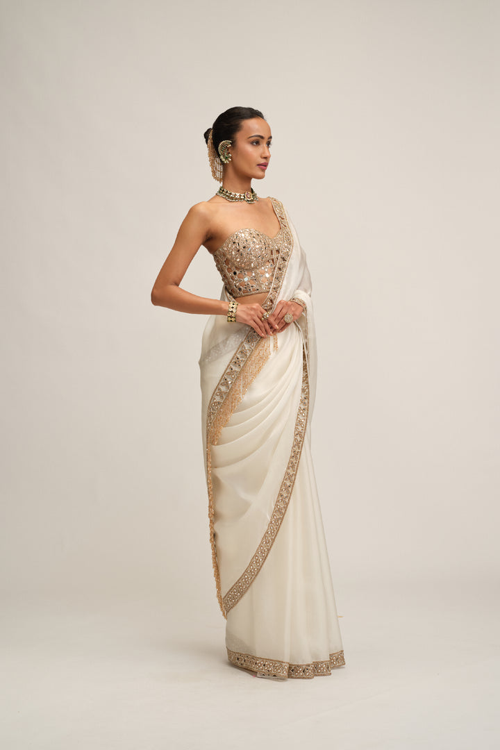 Off White Satin Organza Cutwork Border Saree Set