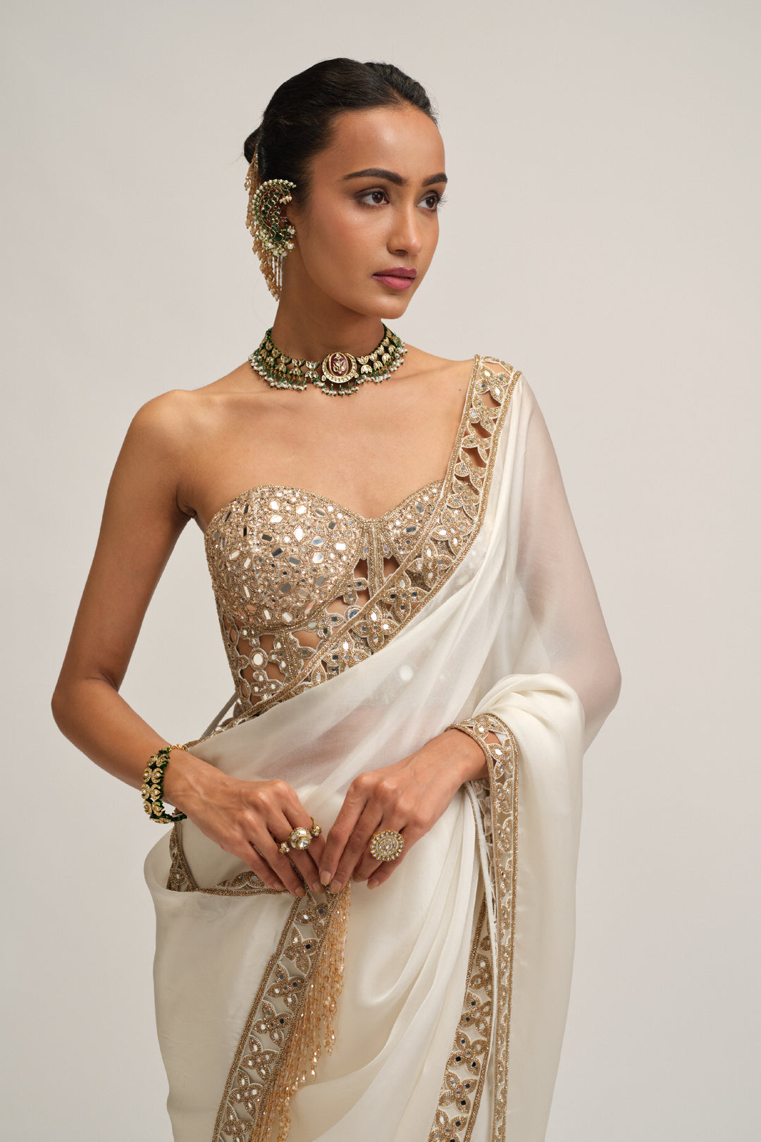 Off White Satin Organza Cutwork Border Saree Set