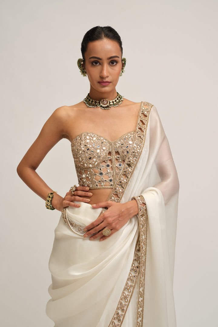 Off White Satin Organza Cutwork Border Saree Set