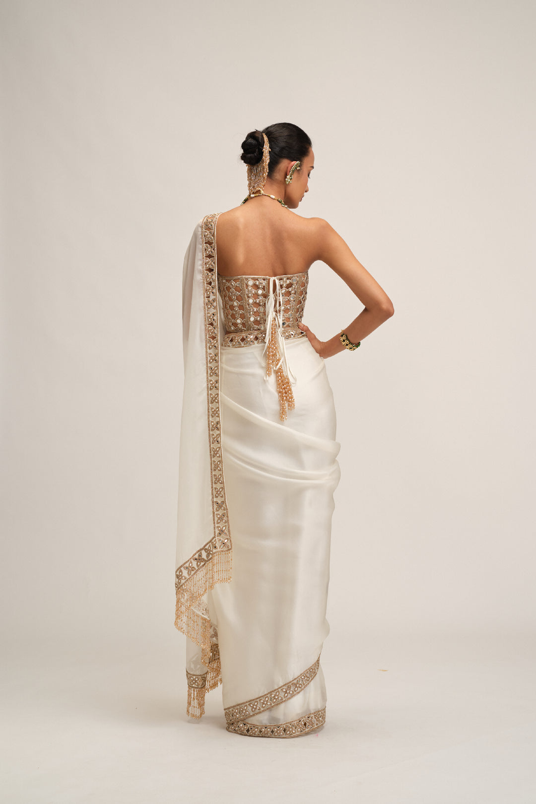 Off White Satin Organza Cutwork Border Saree Set