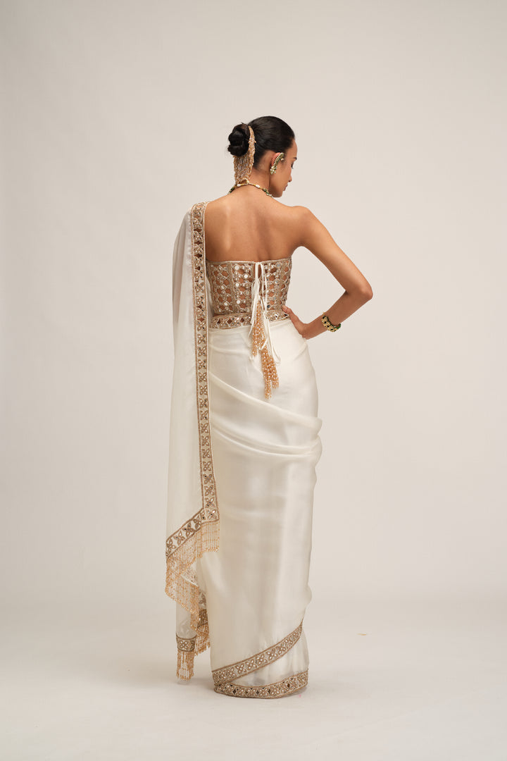Off White Satin Organza Cutwork Border Saree Set