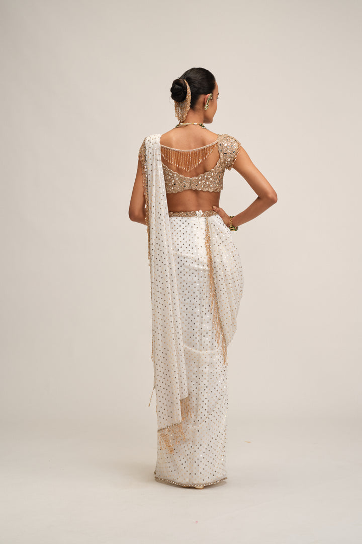 Off White Draped Saree Set