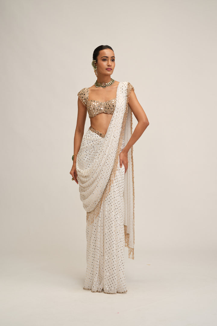 Off White Draped Saree Set