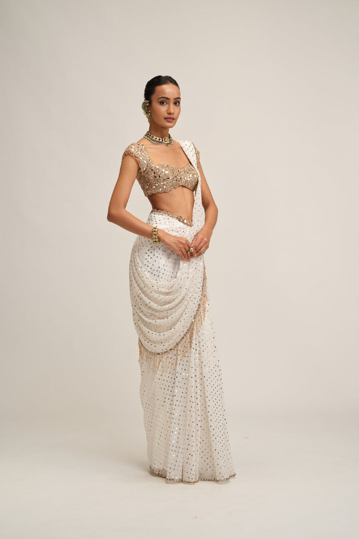 Off White Draped Saree Set