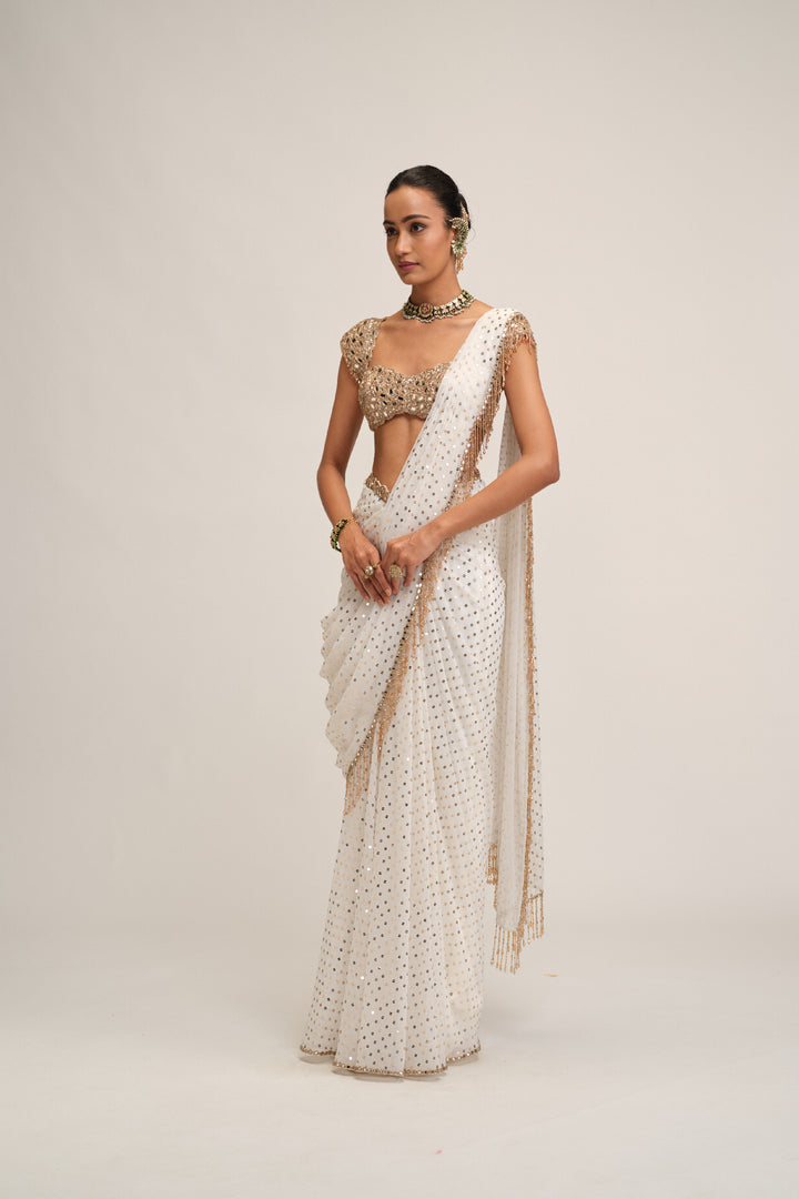 Off White Draped Saree Set
