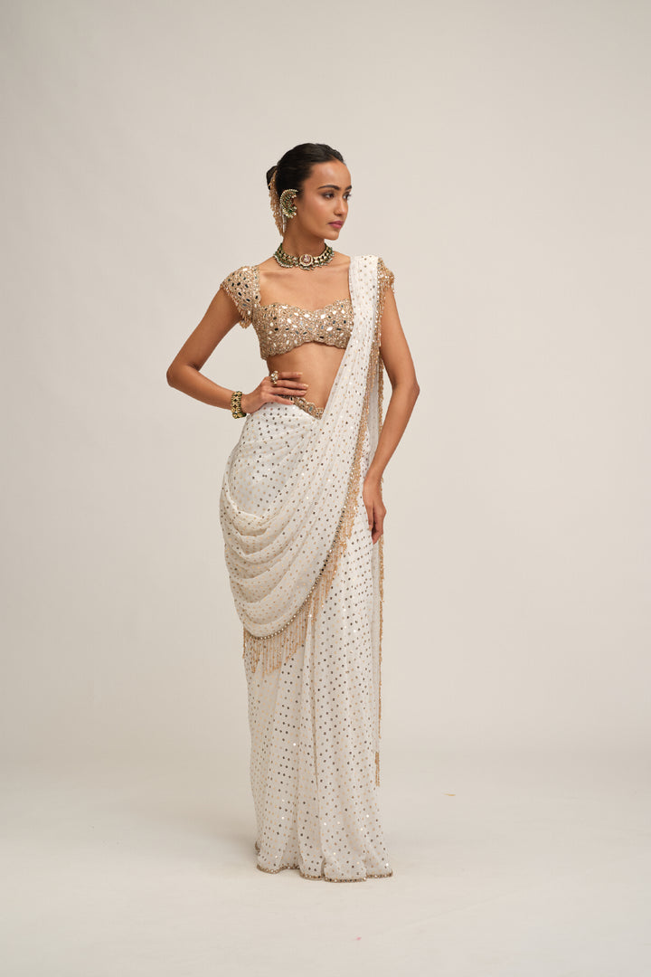 Off White Draped Saree Set