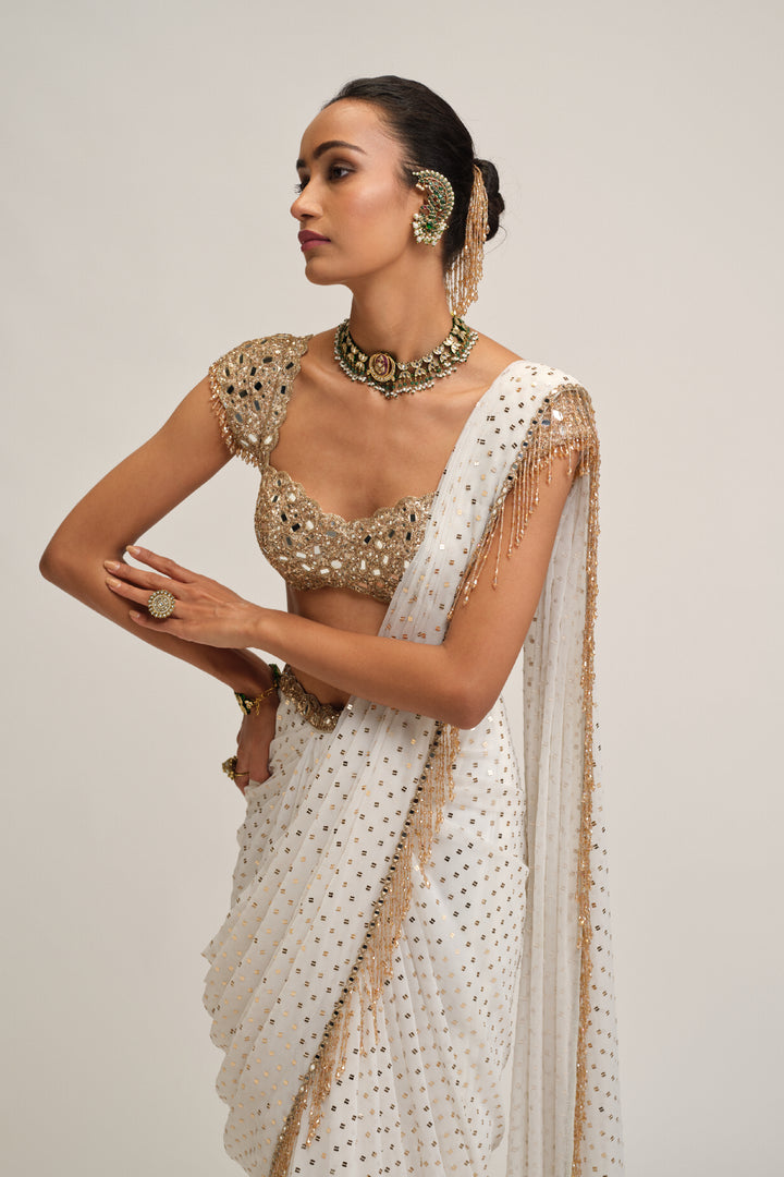 Off White Draped Saree Set