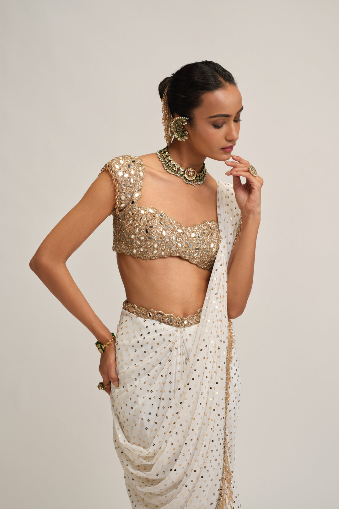 Off White Draped Saree Set