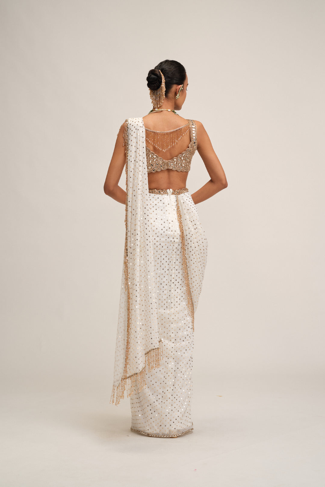 Off White Sequins Embroidered Saree Set