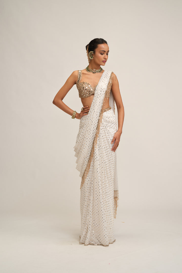 Off White Sequins Embroidered Saree Set