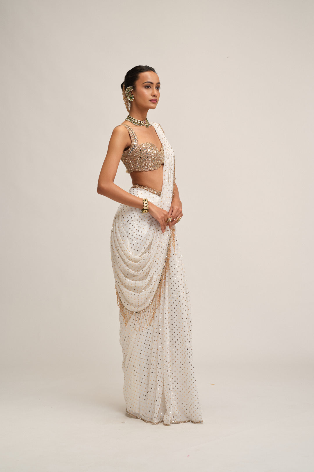 Off White Sequins Embroidered Saree Set