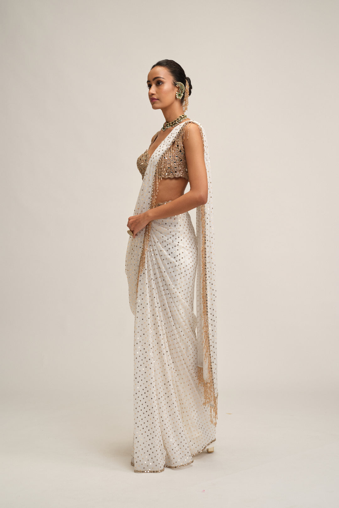 Off White Sequins Embroidered Saree Set