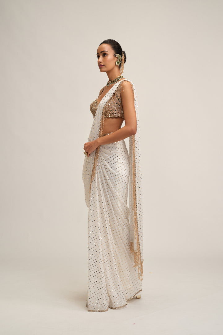 Off White Sequins Embroidered Saree Set