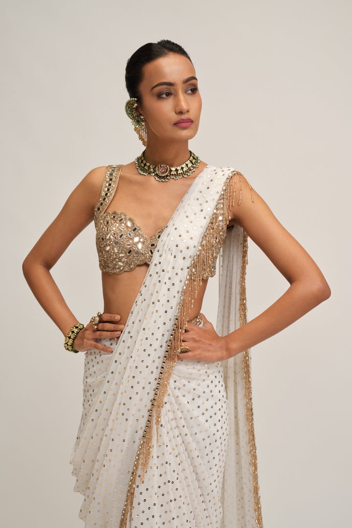 Off White Sequins Embroidered Saree Set