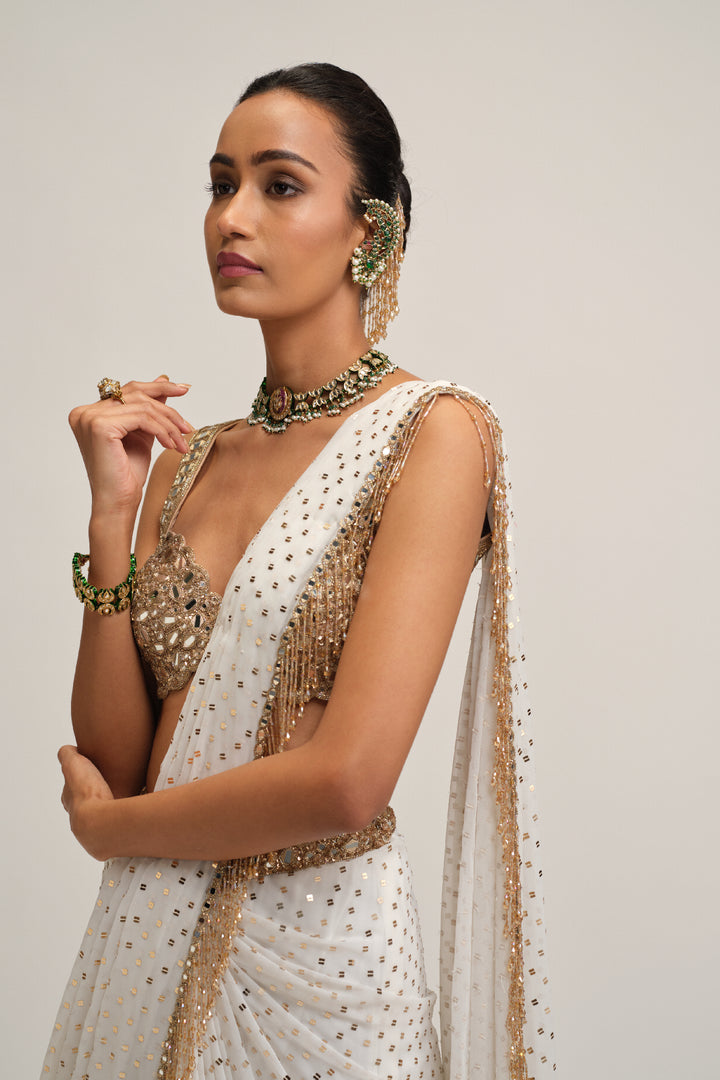Off White Sequins Embroidered Saree Set