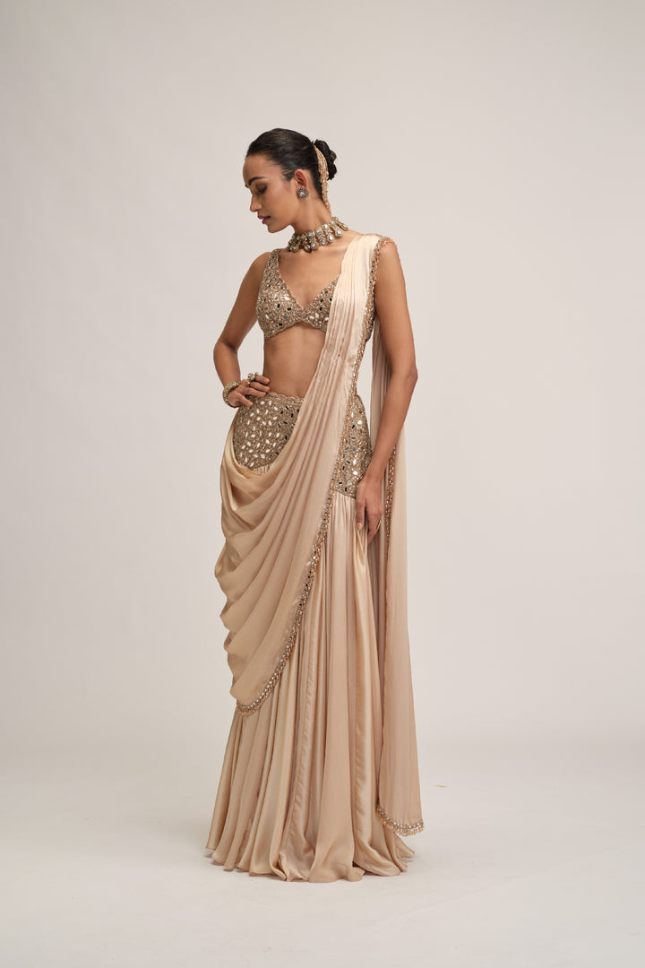 Light Beige Satin Draped Saree Set