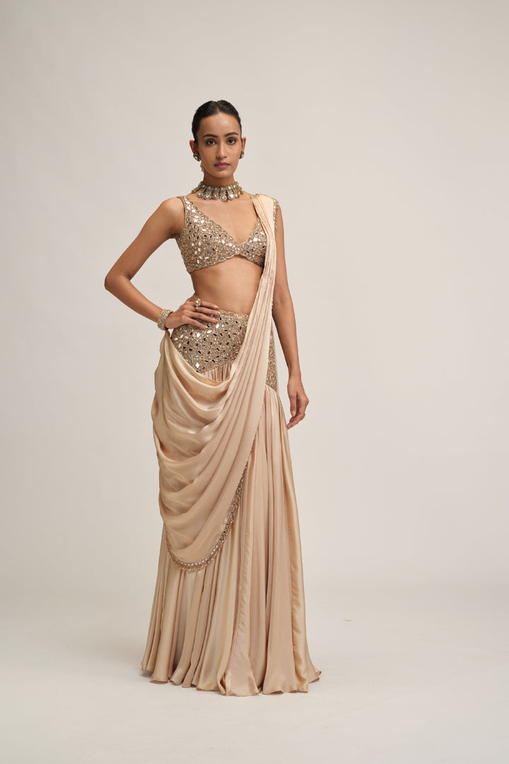 Light Beige Satin Draped Saree Set