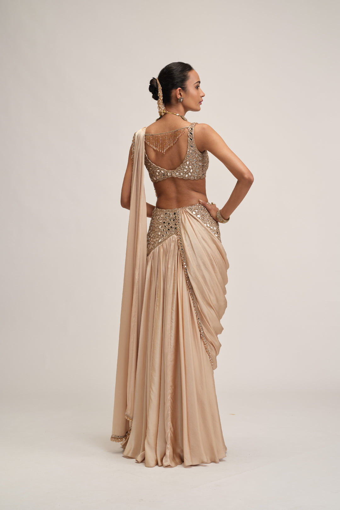 Light Beige Satin Draped Saree Set